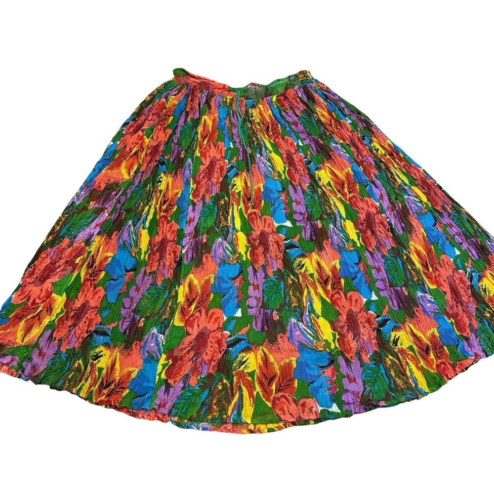 Vtg Papillon Skirt Floral Crinkle Circle Bright Multicolor Boho Festival Maxi